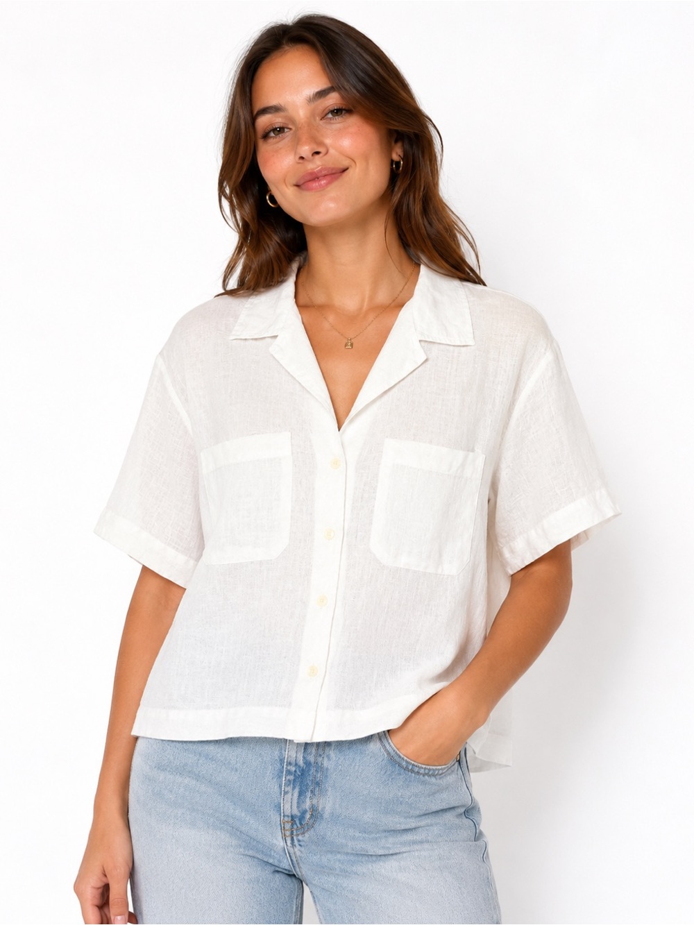 H&M White 100% Linen Short Sleeve Crop Button-Up